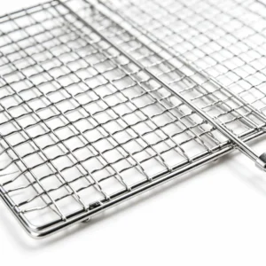 Close up of polished chrome wire mesh grid on a stainless steel BBQ grill basket isolated on white background KL-KA-BBQ-010