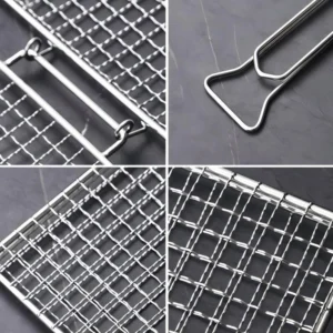 Detailed views of stainless steel BBQ grill basket components displayed on workbench scene KL-KA-BBQ-005
