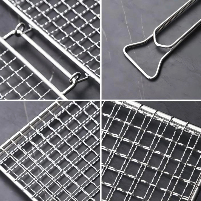 Detailed views of stainless steel BBQ grill basket components displayed on workbench scene KL-KA-BBQ-005