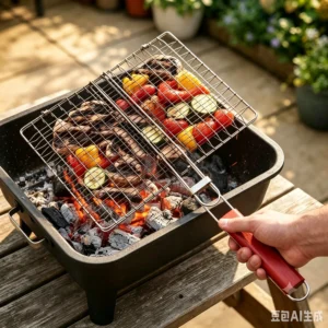 Stainless steel BBQ grill basket grilling vegetables in outdoor camping scene KL-KA-BBQ-010