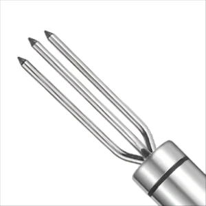 Close-up view of the stainless steel 4-prong BBQ meat fork tines isolated on white background KL-KA-BBQ-001