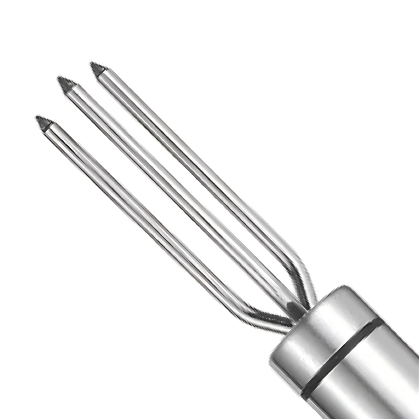 Close-up view of the stainless steel 4-prong BBQ meat fork tines isolated on white background KL-KA-BBQ-001
