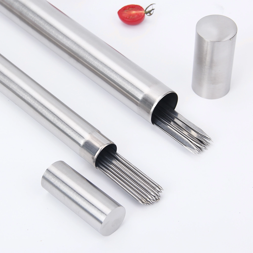 Stainless steel BBQ skewer tubes and caps in 45 degree angle isolated on white background. KL-KA-BBQ-004