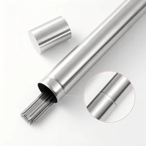 Close up of stainless steel BBQ skewer tube opening and lid connection isolated on white background. KL-KA-BBQ-004