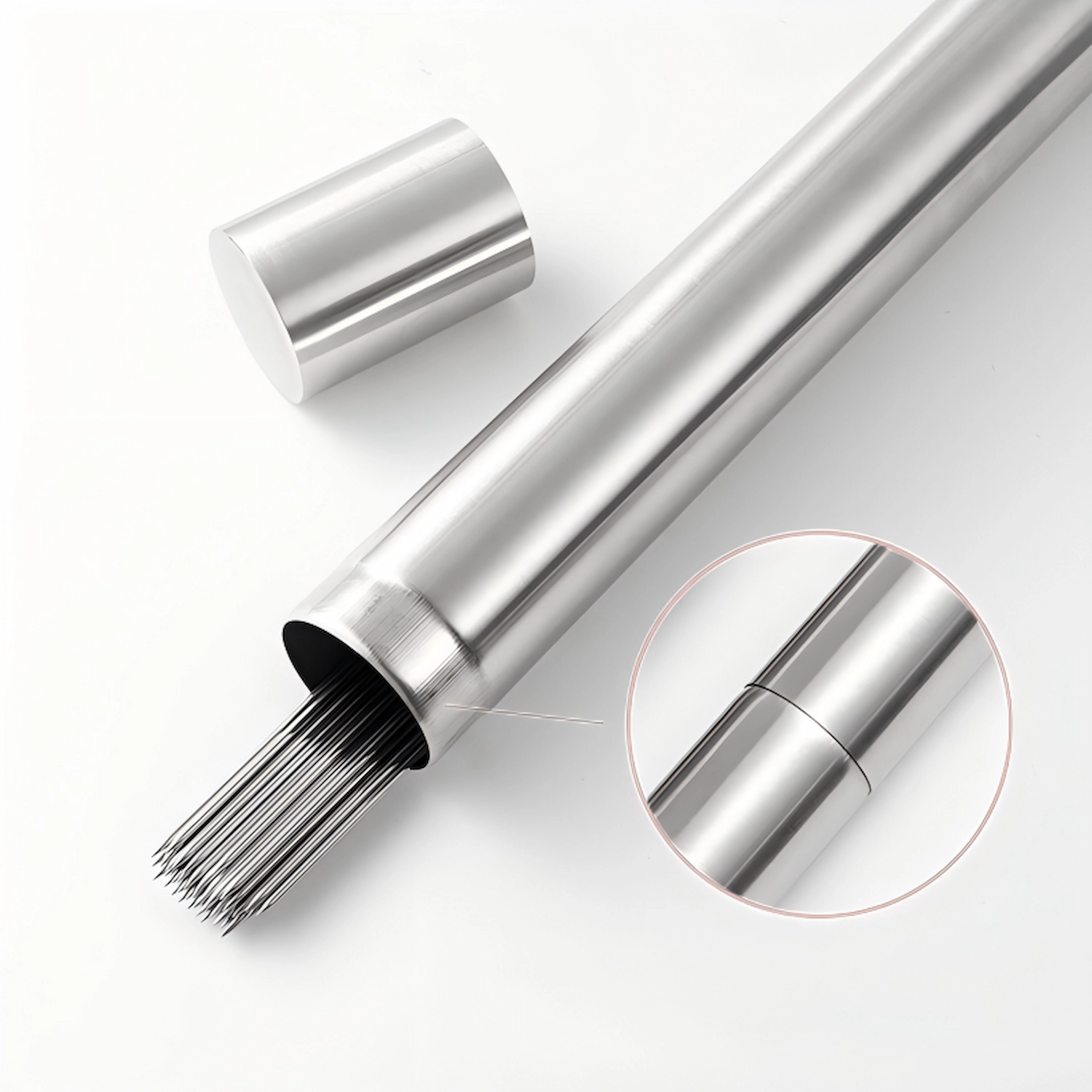 Close up of stainless steel BBQ skewer tube opening and lid connection isolated on white background. KL-KA-BBQ-004