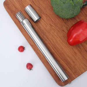 Stainless steel BBQ skewer tube with lid displayed on wooden tabletop with vegetables. KL-KA-BBQ-004