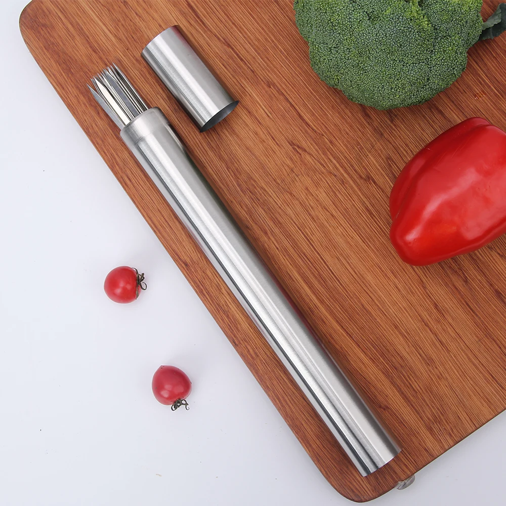 Stainless steel BBQ skewer tube with lid displayed on wooden tabletop with vegetables. KL-KA-BBQ-004