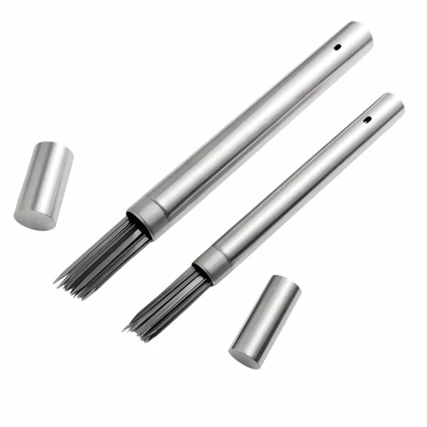 Stainless steel BBQ skewer storage tube set with lids isolated on white background. KL-KA-BBQ-004