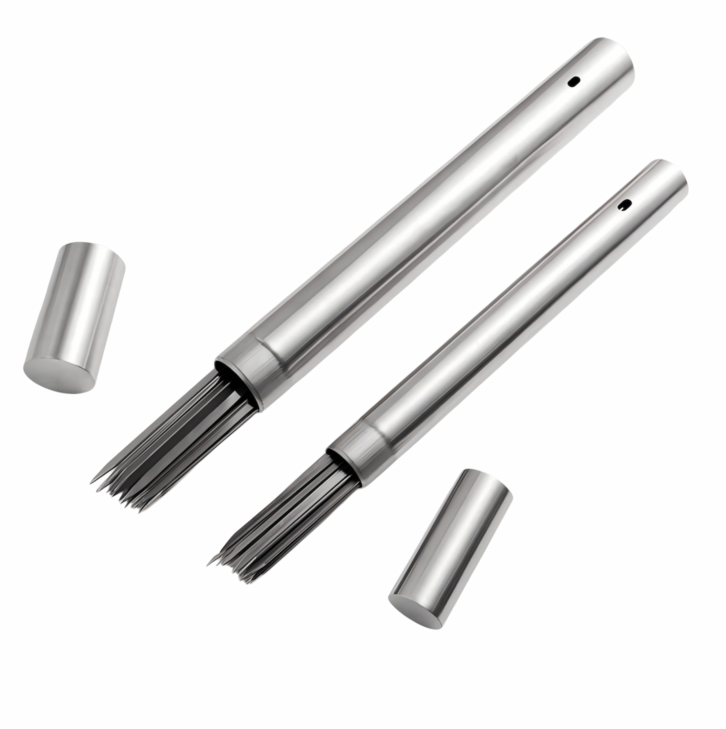 Stainless steel BBQ skewer storage tube set with lids isolated on white background. KL-KA-BBQ-004