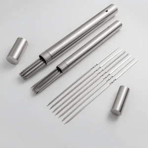 Stainless steel BBQ skewer tube set with flat metal skewers isolated on white background. KL-KA-BBQ-004