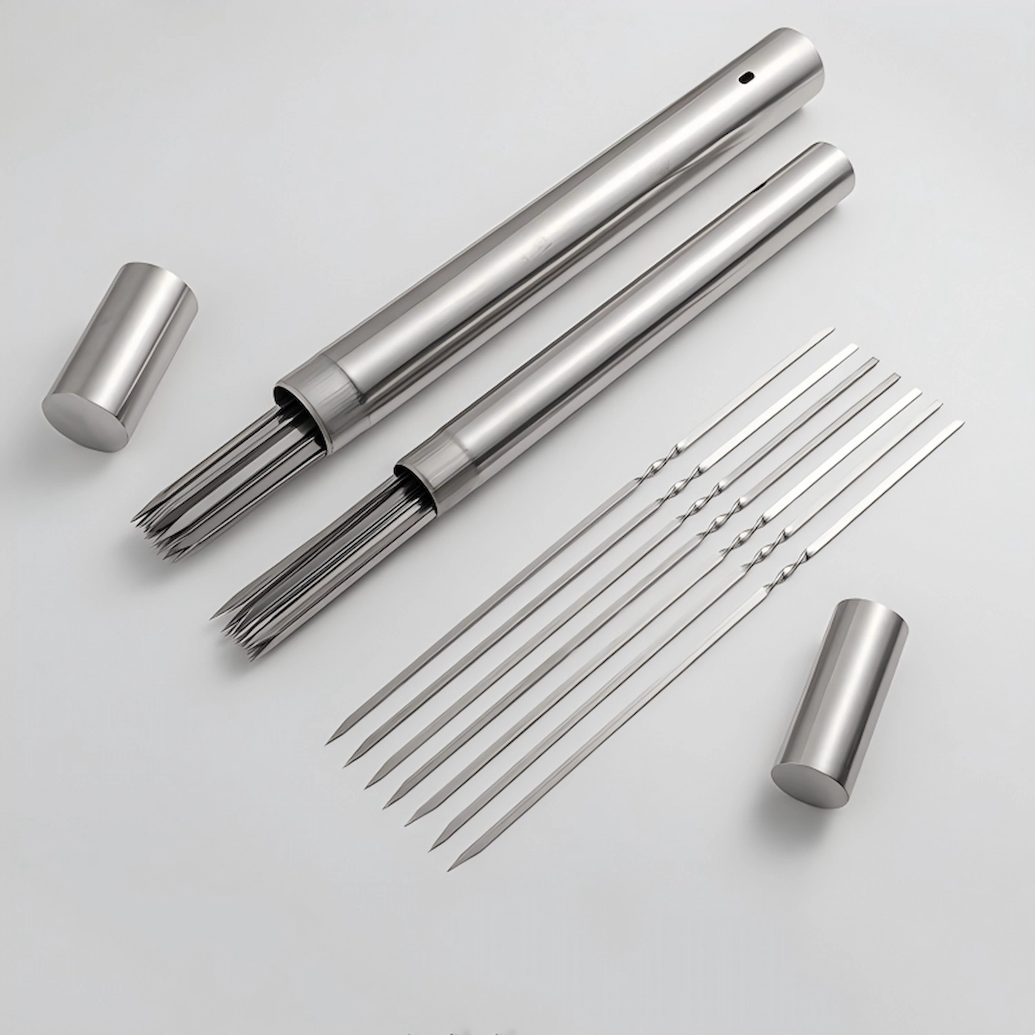 Stainless steel BBQ skewer tube set with flat metal skewers isolated on white background. KL-KA-BBQ-004