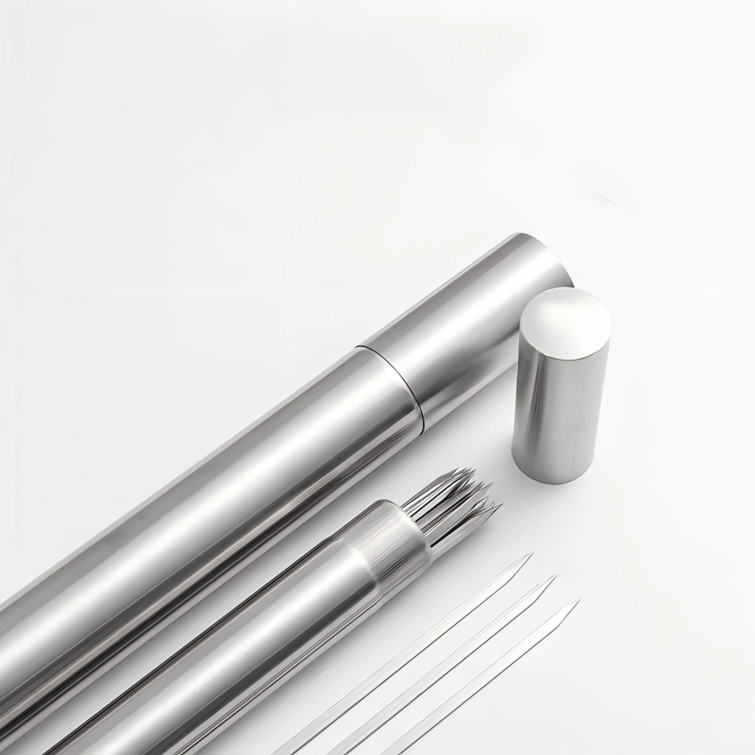 ：Close up of stainless steel bbq skewers inside storage tube with caps isolated on white background. KL-KA-BBQ-004