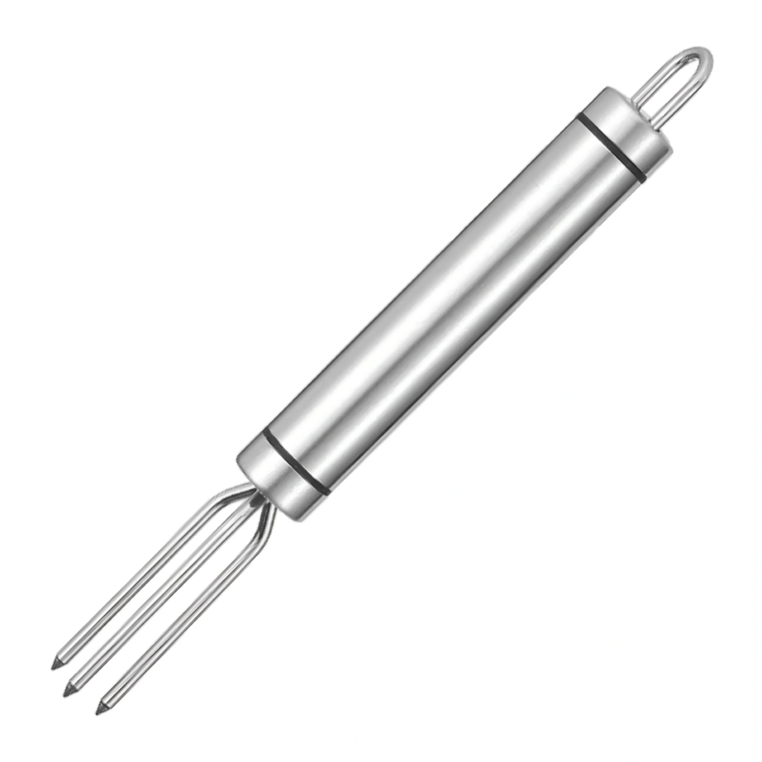 Stainless steel 4-prong BBQ meat fork with cylindrical handle isolated on white background KL-KA-BBQ-001