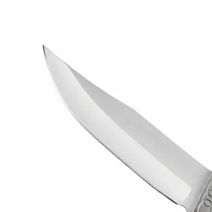 Stainless Steel Bowie Blade - Blade Detail | KaiLionCrafts Detailed close-up of a stainless steel bowie blade isolated on white background, SKU: KL-OD-HC-007.