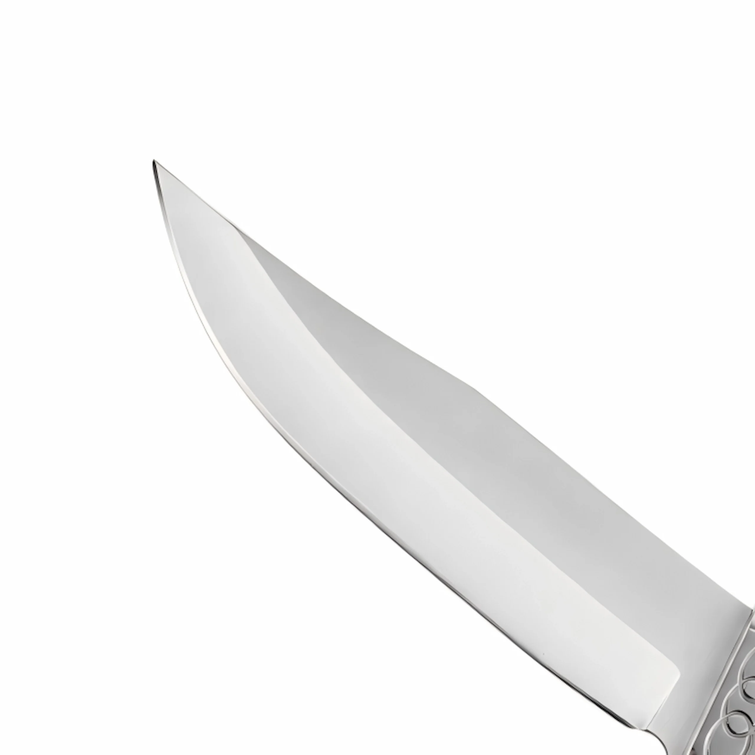 Stainless Steel Bowie Blade - Blade Detail | KaiLionCrafts Detailed close-up of a stainless steel bowie blade isolated on white background, SKU: KL-OD-HC-007.