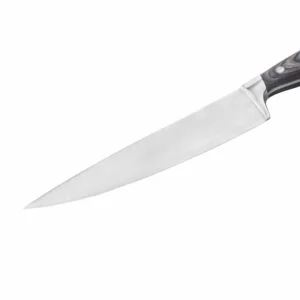 Detailed close-up of a satin-finished stainless steel chef knife blade, isolated on white background. KL-KK-SS-25