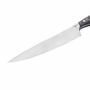 Stainless Steel Chef Knife - Blade Detail | KaiLionCrafts Detailed close-up of a satin-finished stainless steel chef knife blade, isolated on white background. KL-KK-SS-25