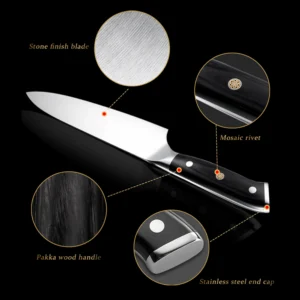 Detailed diagram of stainless steel chef knife with stone finish and black pakkawood handle features. SKU: KL-KK-ST-020