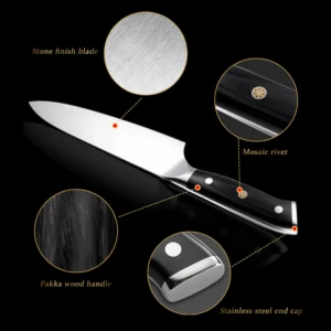 Detailed diagram of stainless steel chef knife with stone finish and black pakkawood handle features. SKU: KL-KK-ST-020