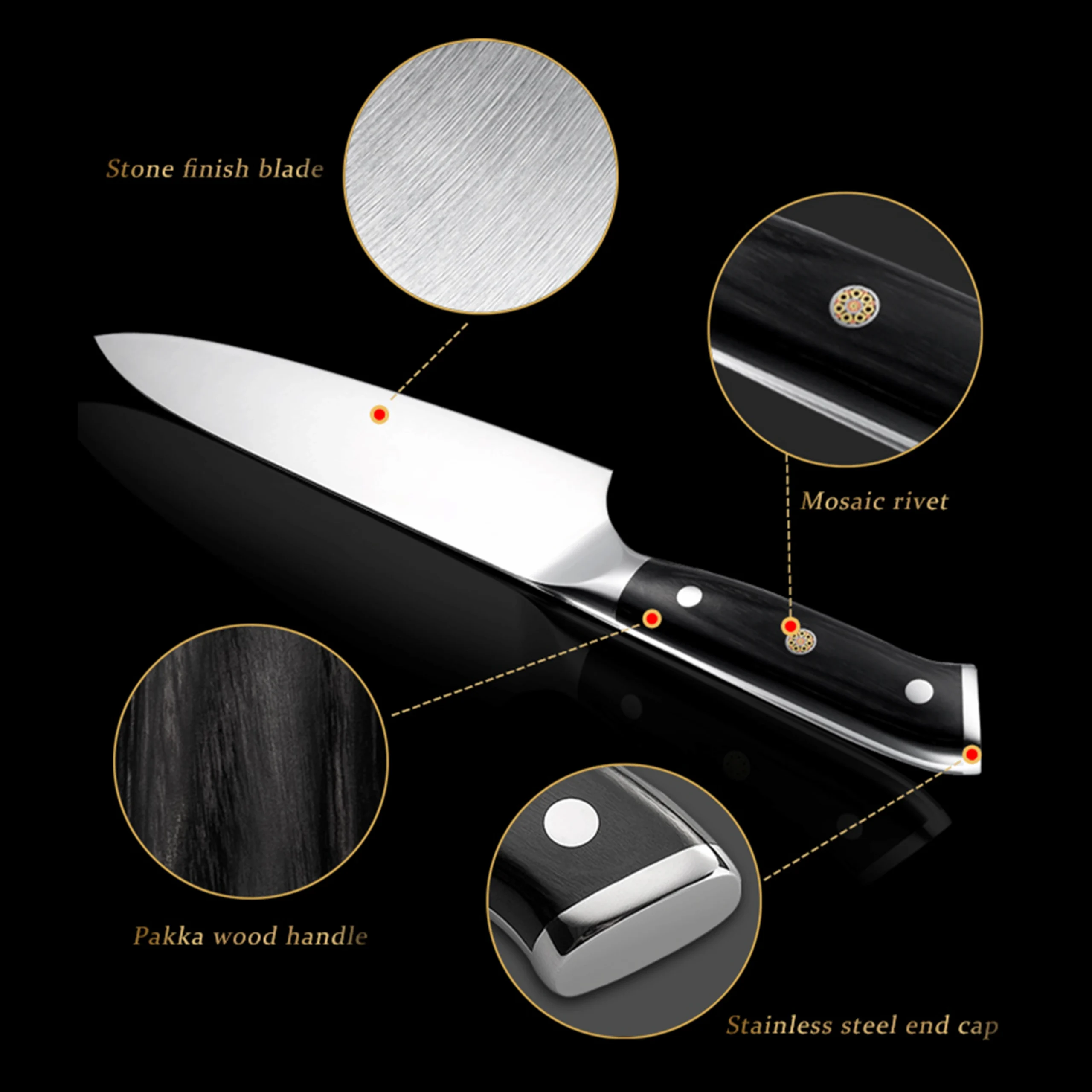 Detailed diagram of stainless steel chef knife with stone finish and black pakkawood handle features. SKU: KL-KK-ST-020