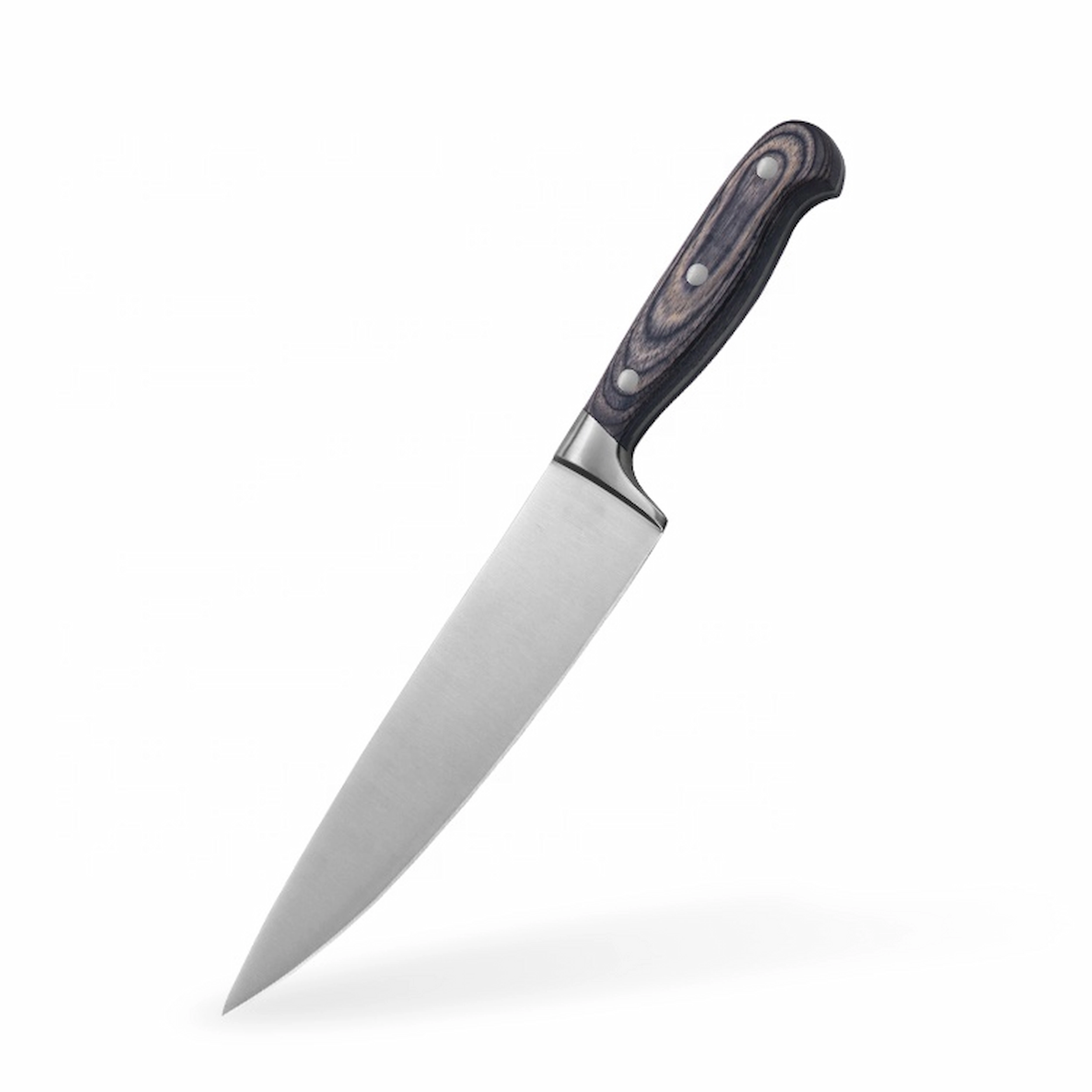 8-Inch Stainless Steel Chef Knife - 45-Degree View | KaiLionCrafts 8-inch stainless steel chef knife with dark pakkawood handle displayed at a 45-degree angle, on white background. KL-KK-SS-25