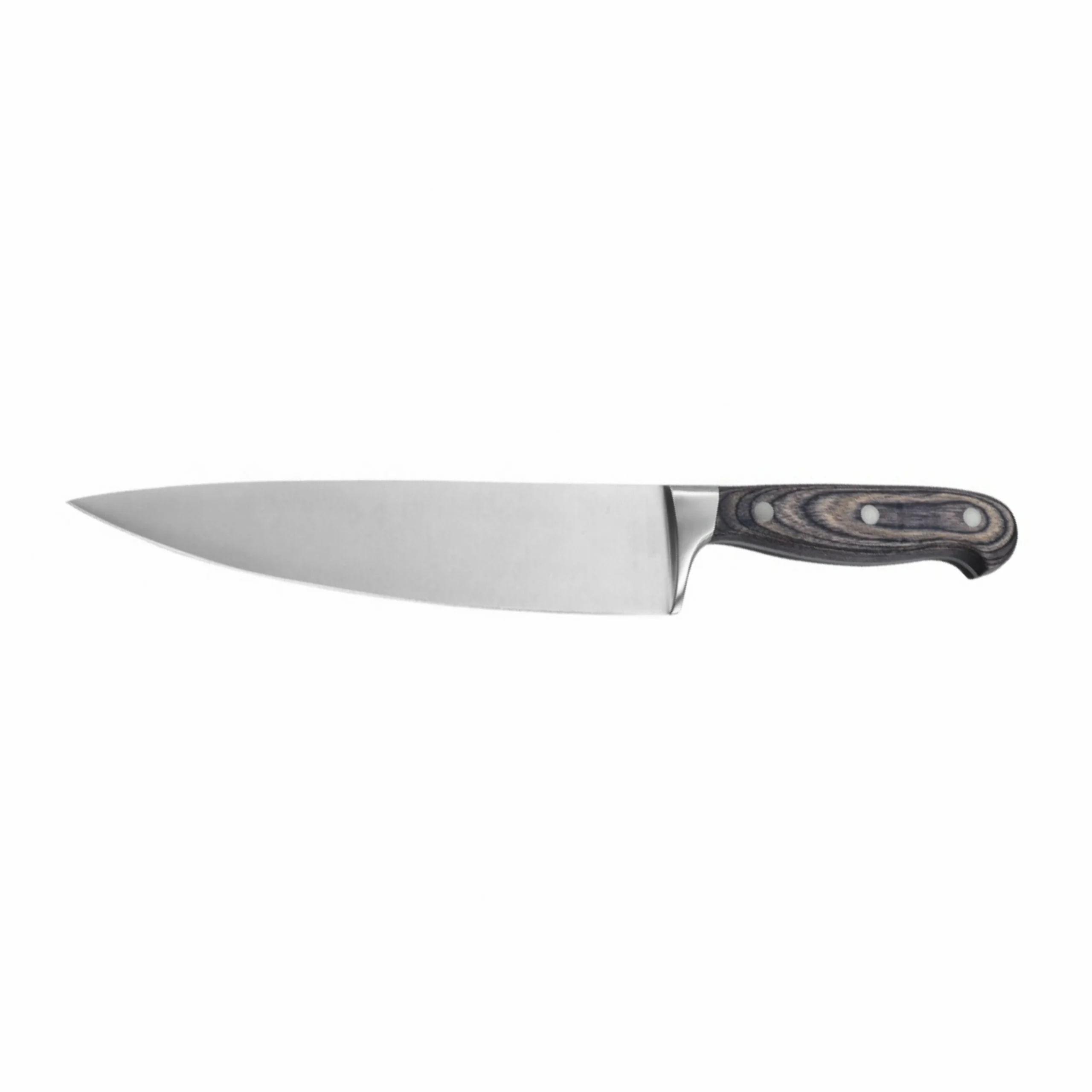 8-Inch Stainless Steel Chef Knife - Front View | KaiLionCrafts 8-inch high-carbon stainless steel chef knife with a dark pakkawood handle, isolated on white background. KL-KK-SS-25