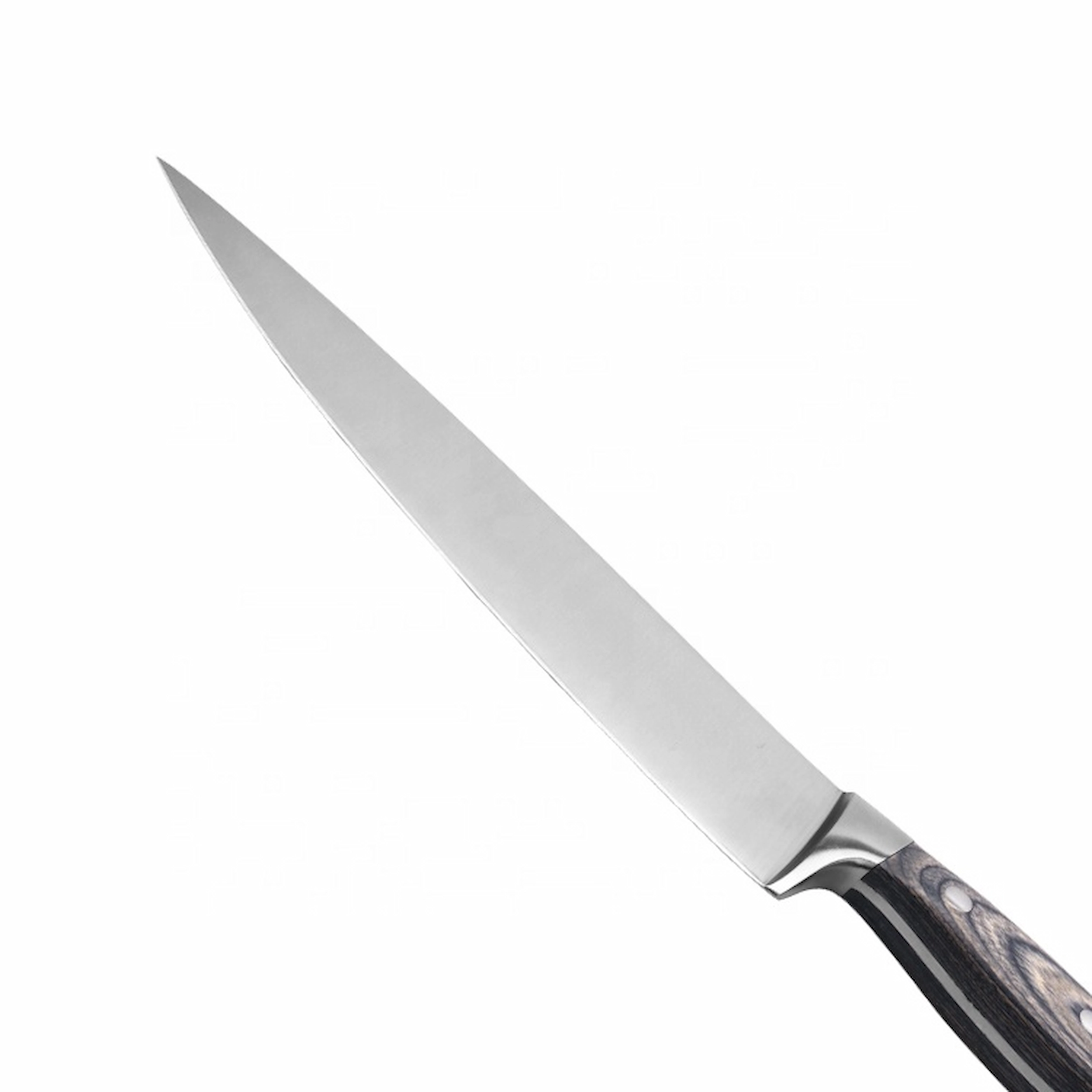 8-Inch Stainless Steel Chef Knife - Side View | KaiLionCrafts A side angle view of an 8-inch stainless steel chef knife with pakkawood handle, isolated on white background. KL-KK-SS-25