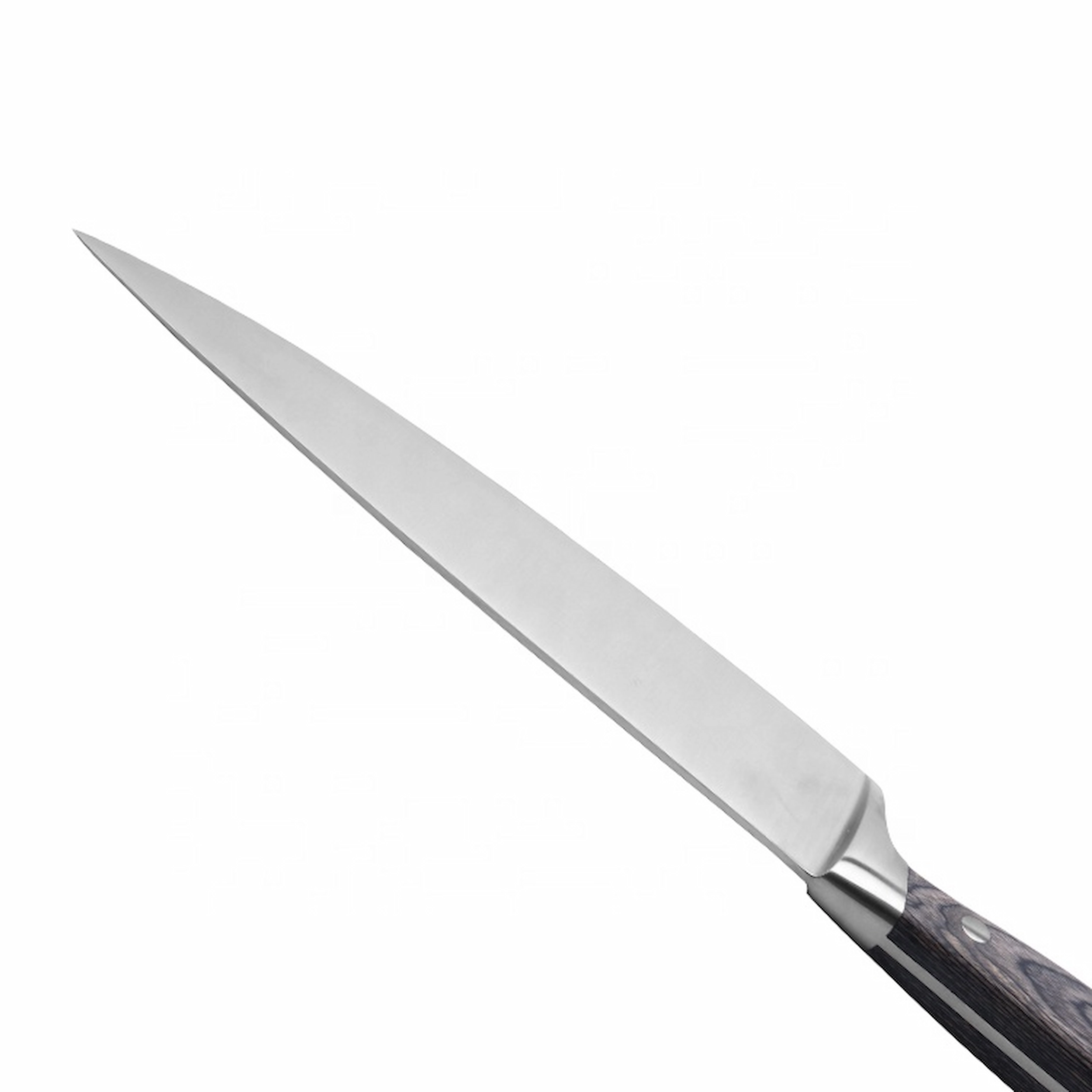 8-Inch Stainless Steel Chef Knife - Top View | KaiLionCrafts Stainless steel chef knife showing thin blade spine and bolster, isolated on white background. KL-KK-SS-25