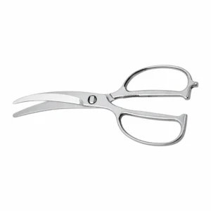 All-stainless steel curved blade poultry shears with open-loop handles isolated on white background KL-SC-SS-008.