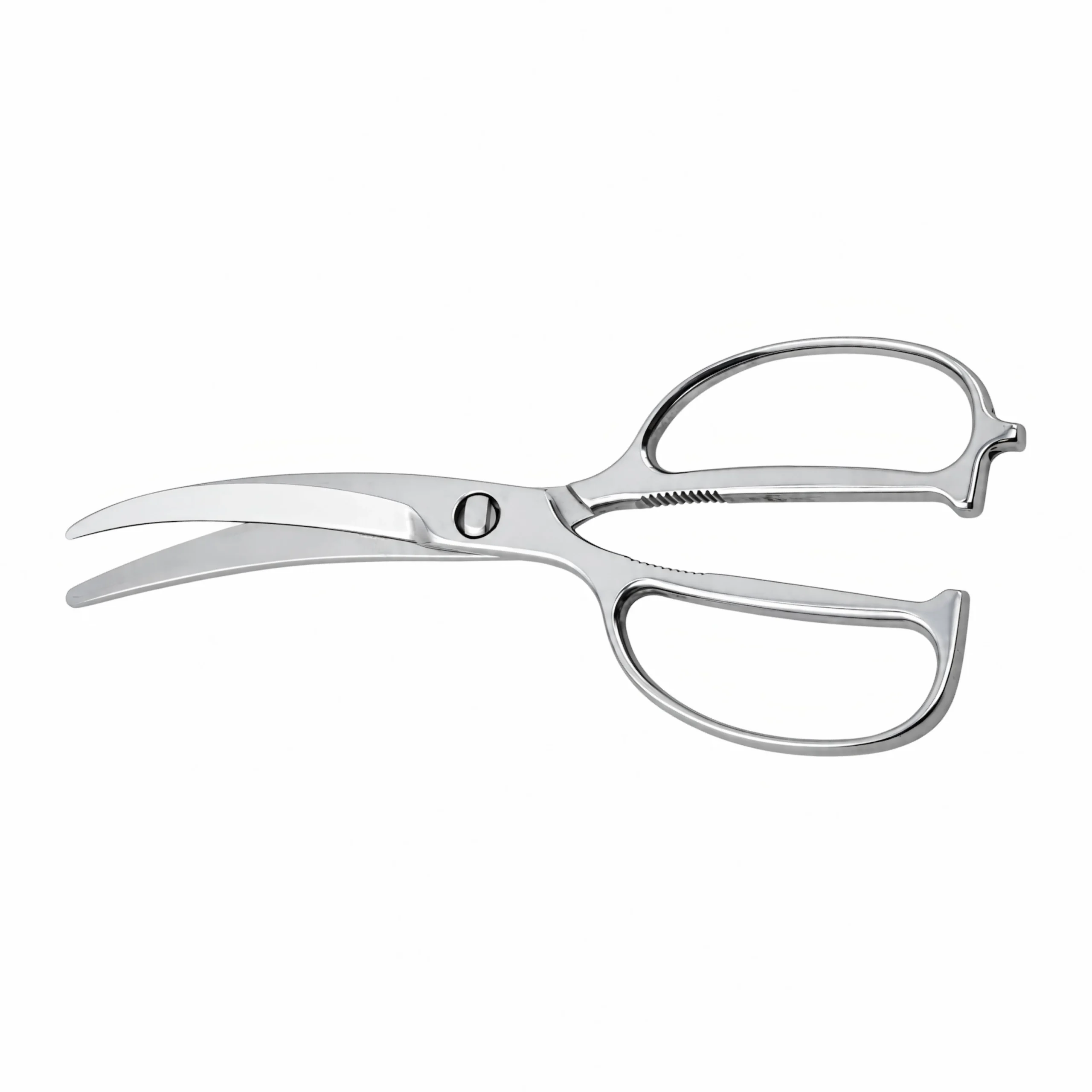 All-stainless steel curved blade poultry shears with open-loop handles isolated on white background KL-SC-SS-008.