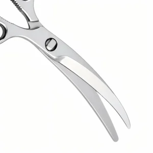 Detailed close-up of mirror-polished curved blades and center pivot screw on poultry shears isolated on white background KL-SC-SS-008.