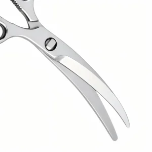 Detailed close-up of mirror-polished curved blades and center pivot screw on poultry shears isolated on white background KL-SC-SS-008.