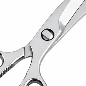 Close-up of mirror-polished pivot screw and serrated bone cracker on poultry shears isolated on white background KL-SC-SS-008.
