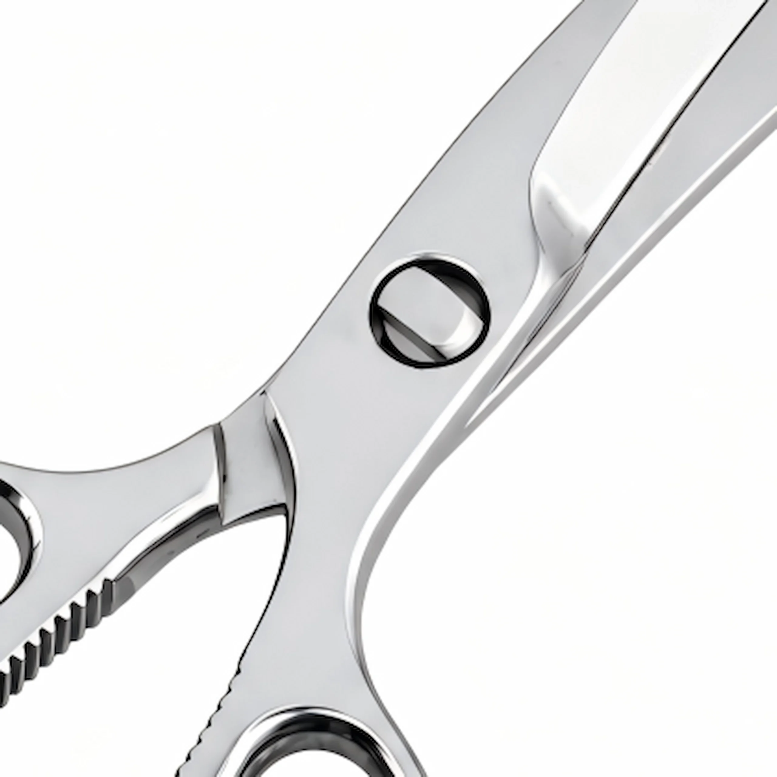 Close-up of mirror-polished pivot screw and serrated bone cracker on poultry shears isolated on white background KL-SC-SS-008.