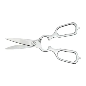 Slightly opened stainless steel kitchen shears isolated on white background, KL-SC-PR-012.