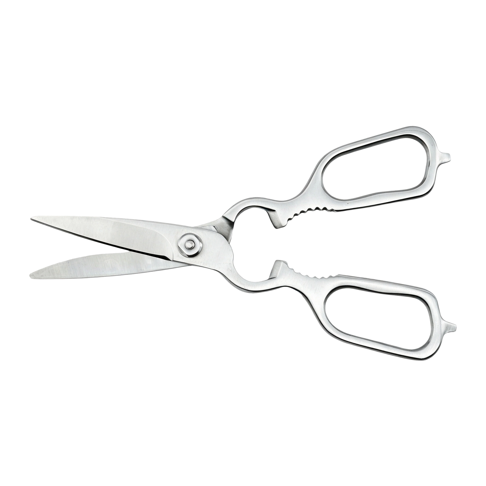 Slightly opened stainless steel kitchen shears isolated on white background, KL-SC-PR-012.