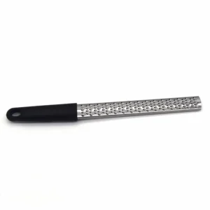 Stainless steel fine grater zester with black handle side view isolated on white background KL-KA-GR-001