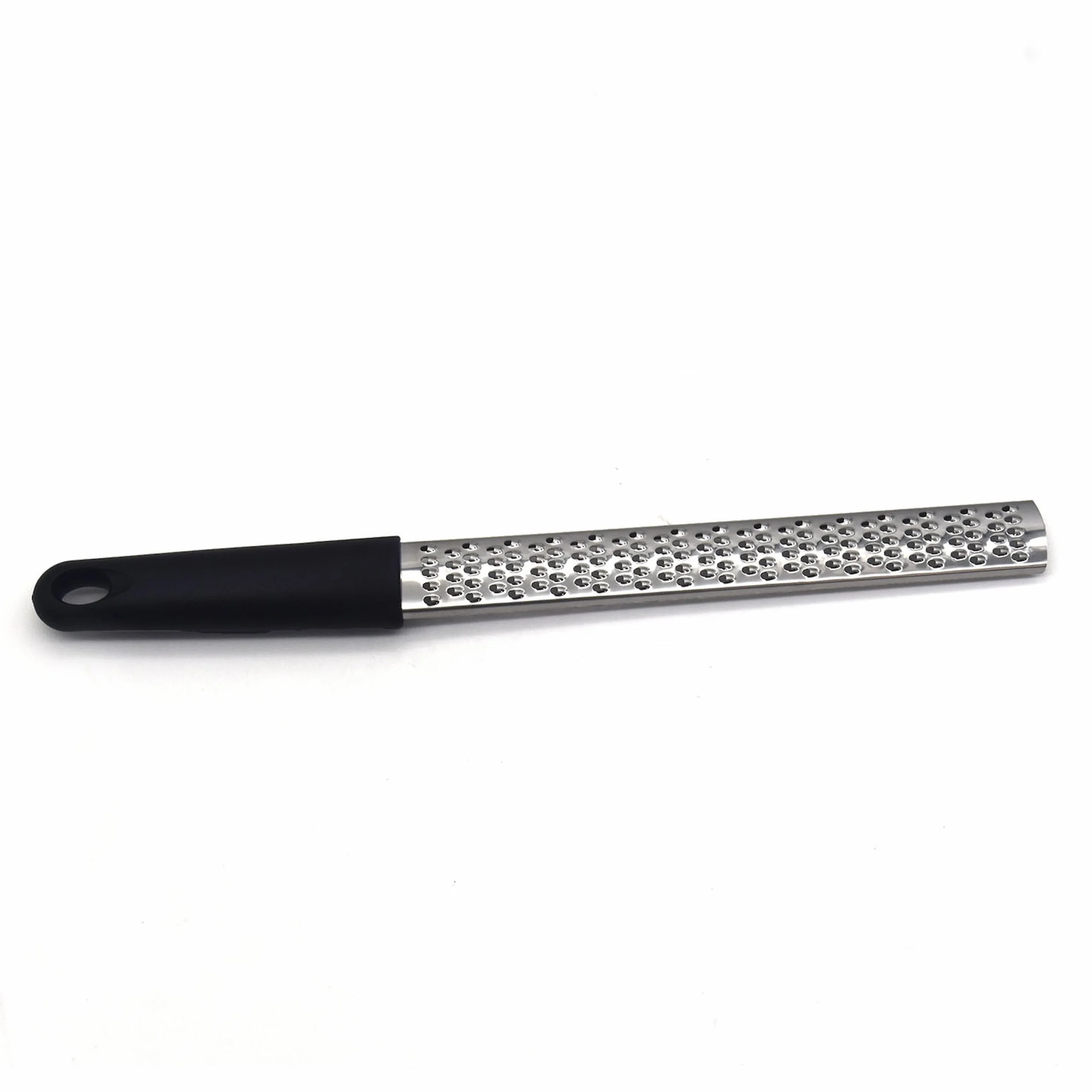 Stainless steel fine grater zester with black handle side view isolated on white background KL-KA-GR-001