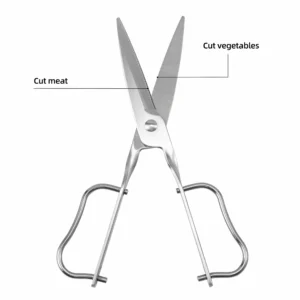 All stainless steel garden scissors with function annotations on white background, SKU KL-SC-PR-002