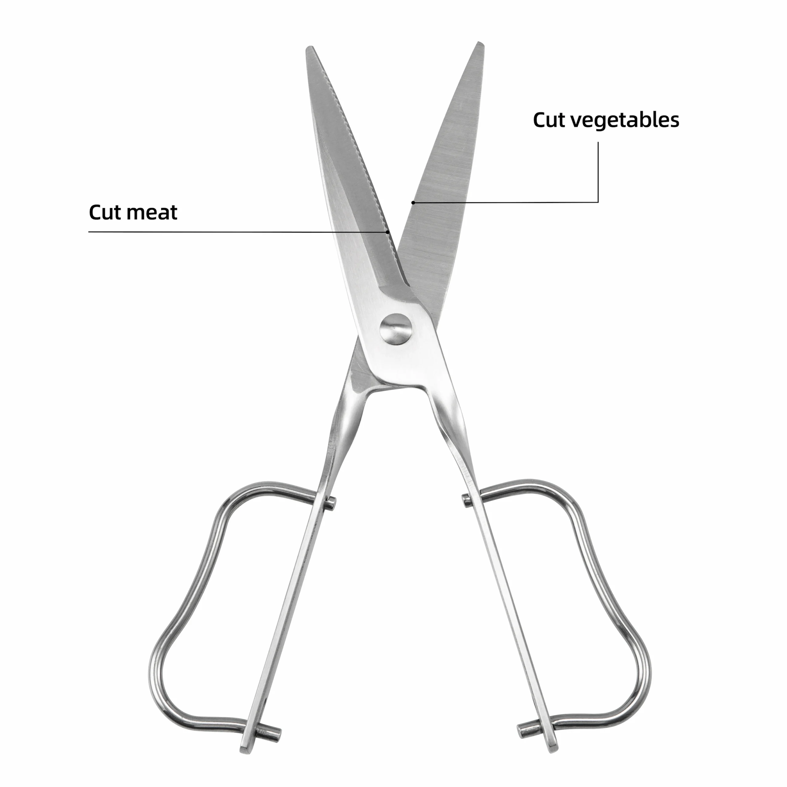 All stainless steel garden scissors with function annotations on white background, SKU KL-SC-PR-002