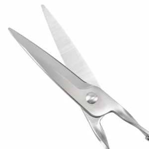 Close-up of stainless steel garden scissors micro-serrated blade detail isolated on white background, SKU KL-SC-PR-002