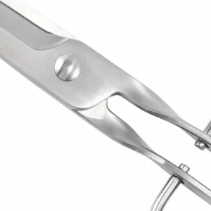 Close-up of garden scissors adjustable pivot screw and brushed steel texture on white background, SKU KL-SC-PR-002