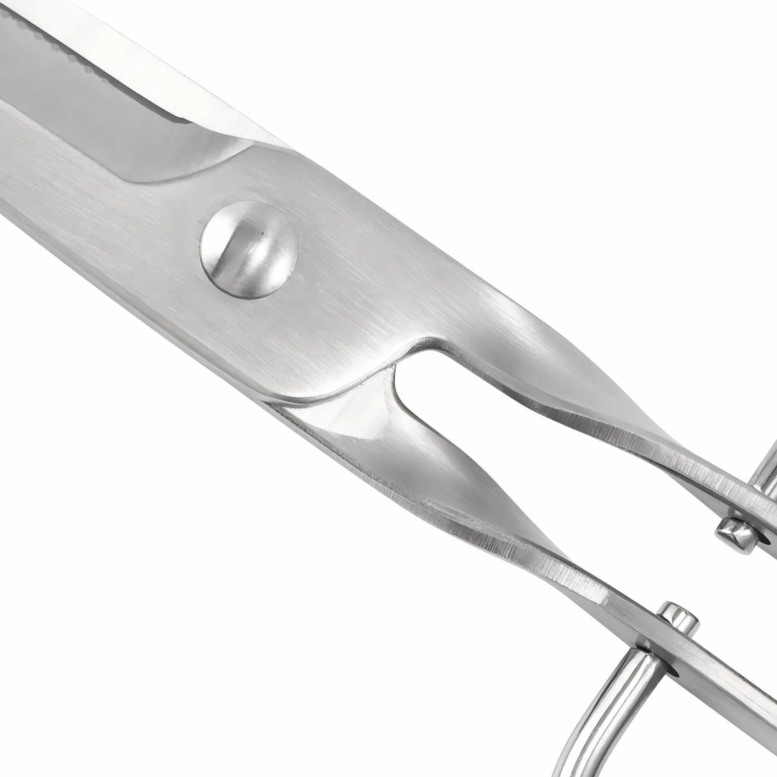 Close-up of garden scissors adjustable pivot screw and brushed steel texture on white background, SKU KL-SC-PR-002