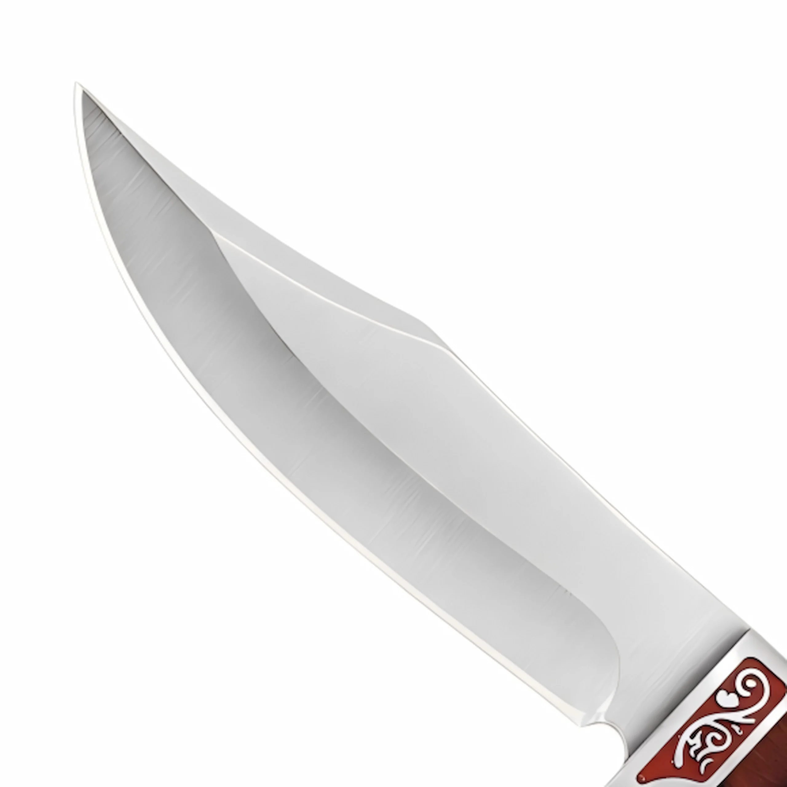 :Hunting Knife Blade Detail - Close Up View | KaiLionCrafts Satin stainless steel hunting knife blade close up isolated on white background, KL-OD-HC-005.