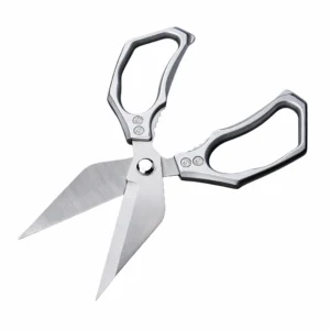 Opened stainless steel kitchen scissors at a 45-degree angle isolated on white background KL-SC-KT-006