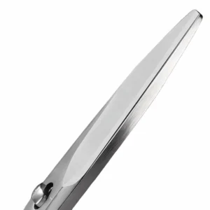 Close-up of the thick polished blade back of stainless steel kitchen scissors isolated on white background KL-SC-PR-010