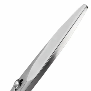 Close-up of the thick polished blade back of stainless steel kitchen scissors isolated on white background KL-SC-PR-010