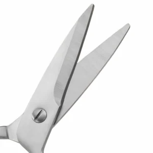 Detailed close-up of sharp stainless steel kitchen scissors blade on white background KL-SC-PR-010