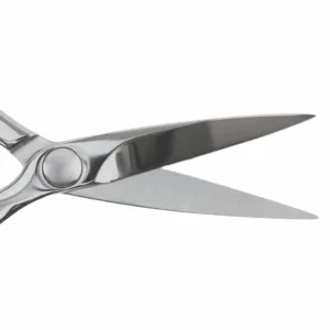 Detailed view of opened stainless steel kitchen scissors blades isolated on white background KL-SC-PR-014