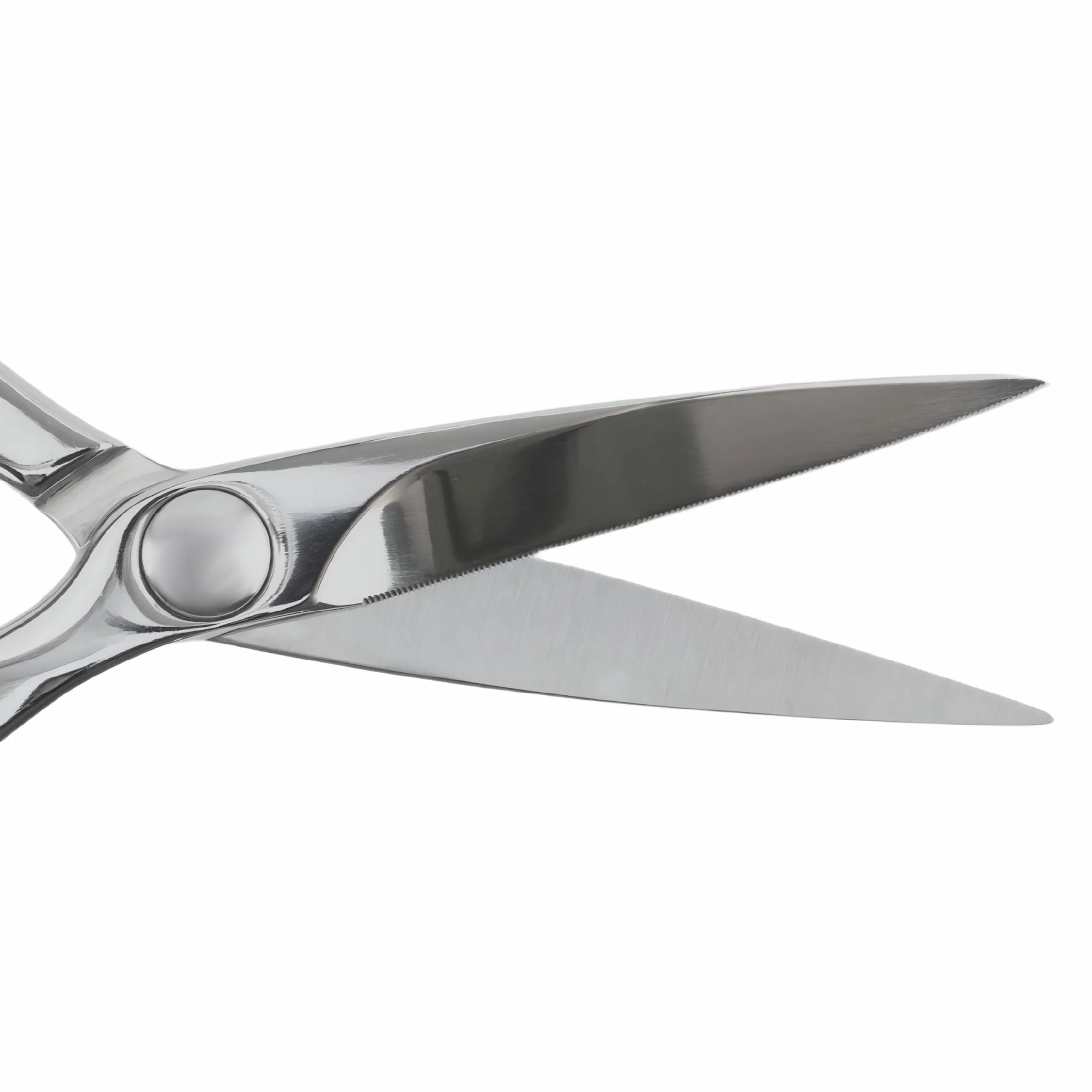 Detailed view of opened stainless steel kitchen scissors blades isolated on white background KL-SC-PR-014